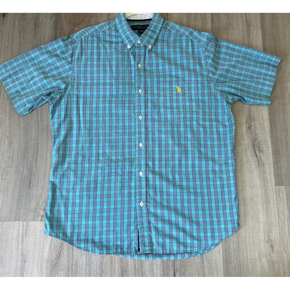 US Polo Assn Shirt Green Plaid Pony Logo Button Up Short Sleeve Mens Large